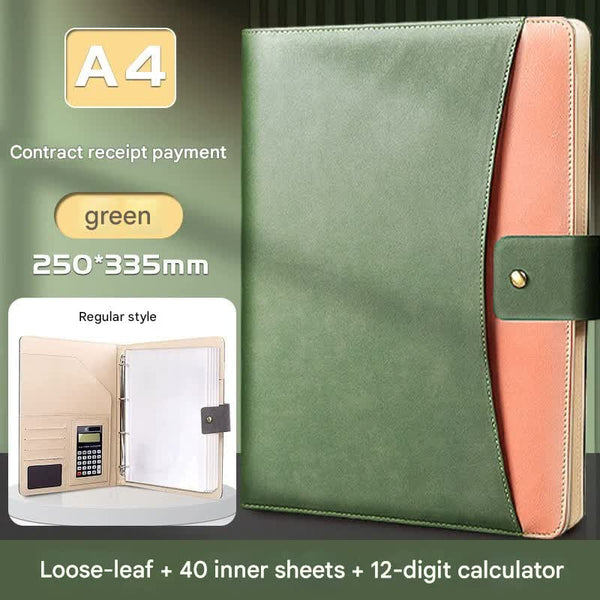 A4 Pu Leather Business Portfolio With Ring Binder Calculator & 40 Sleeves(Green) School Supplies