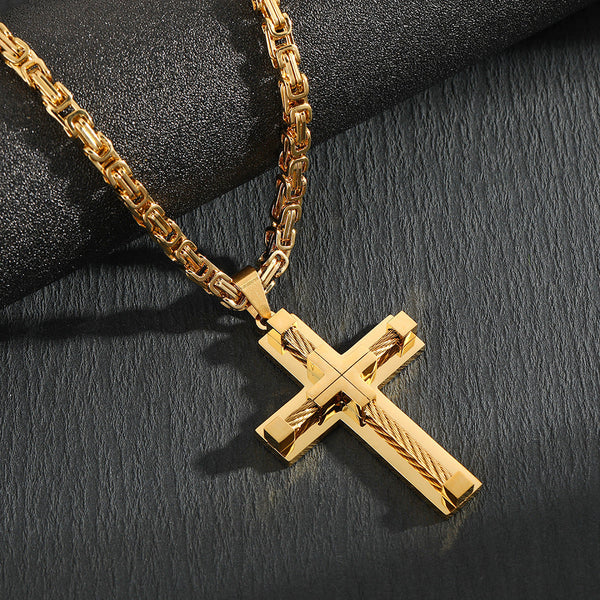 Men's Stainless Steel Layered Cross Pendant With Byzantine Chain Fashion Statement Necklace(Gold) Necklaces & Pendants