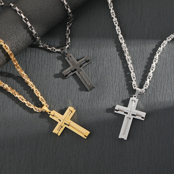 Men's Stainless Steel Layered Cross Pendant With Byzantine Chain Fashion Statement Necklace(Gold) Necklaces & Pendants