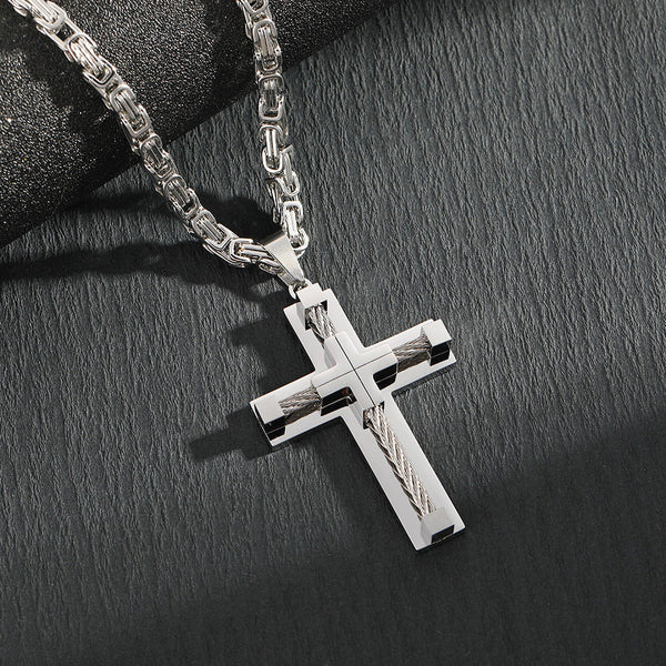 Men's Stainless Steel Layered Cross Pendant With Byzantine Chain Fashion Statement Necklace(Silver) Necklaces & Pendants
