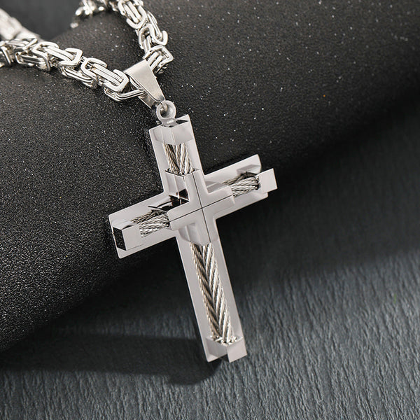 Men's Stainless Steel Layered Cross Pendant With Byzantine Chain Fashion Statement Necklace(Silver) Necklaces & Pendants