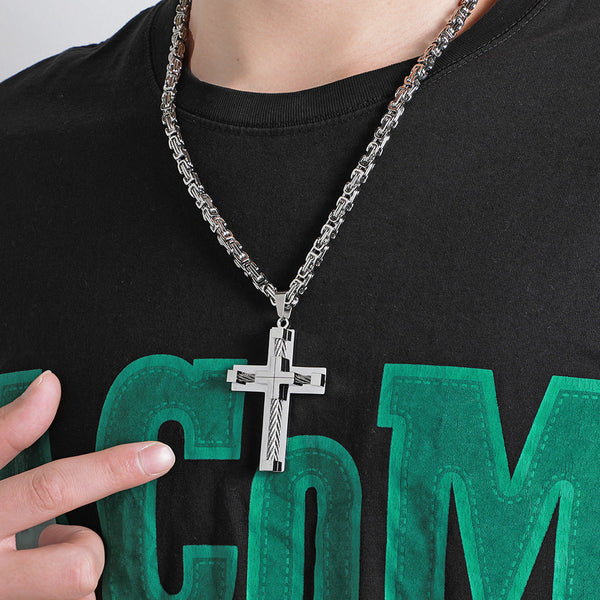 Men's Stainless Steel Layered Cross Pendant With Byzantine Chain Fashion Statement Necklace(Silver) Necklaces & Pendants