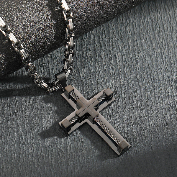 Men's Stainless Steel Layered Cross Pendant With Byzantine Chain Fashion Statement Necklace(Black) Necklaces & Pendants