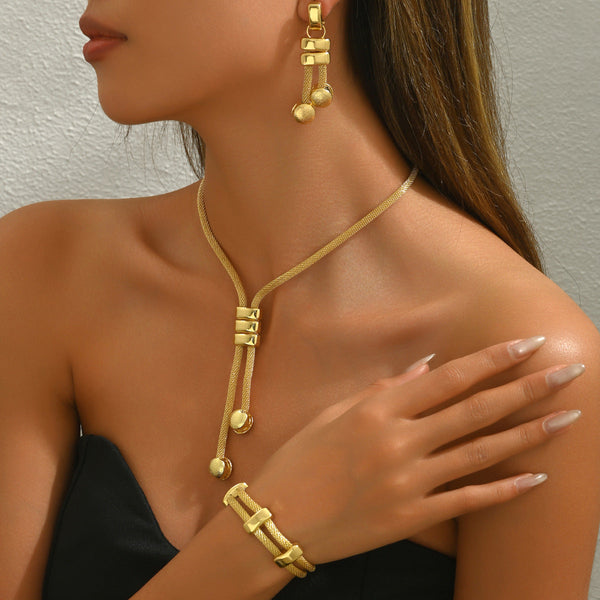 Elegant 3 Piece Mesh Chain Jewelry Set Tassel Necklace Bracelet & Dangle Earrings(Gold) Jewellery Sets