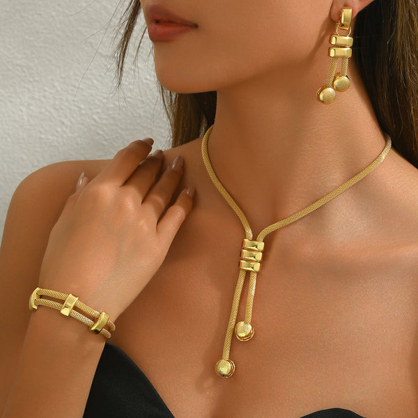 Elegant 3 Piece Mesh Chain Jewelry Set Tassel Necklace Bracelet & Dangle Earrings(Gold) Jewellery Sets