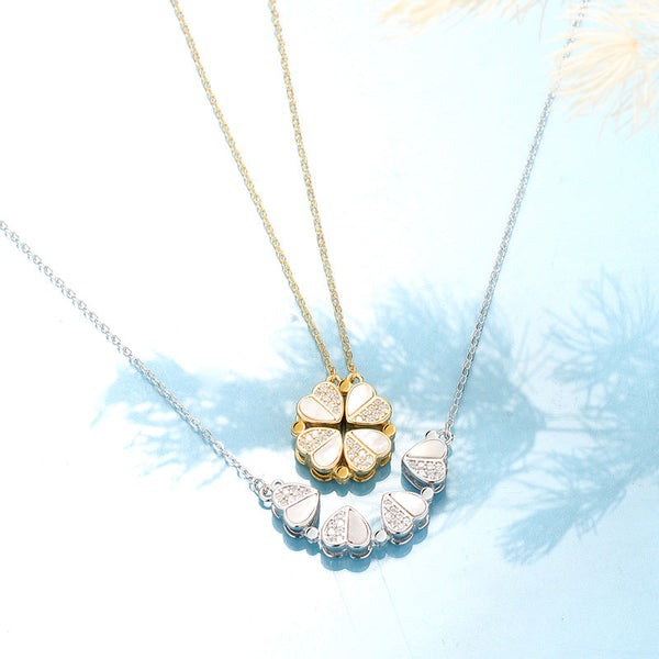 S925 Sterling Silver In 1 Magnetic Convertible Clover To Hearts Pendant Necklace(Platinum) Necklaces & Pendants