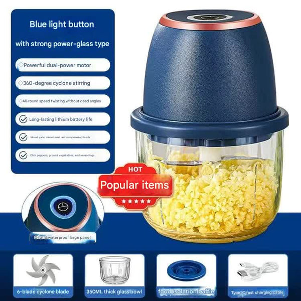 Electric Mini Garlic Chopper With Glass Bowl Usb Rechargeable 6 Blades Large Capacity(Blue) Choppers