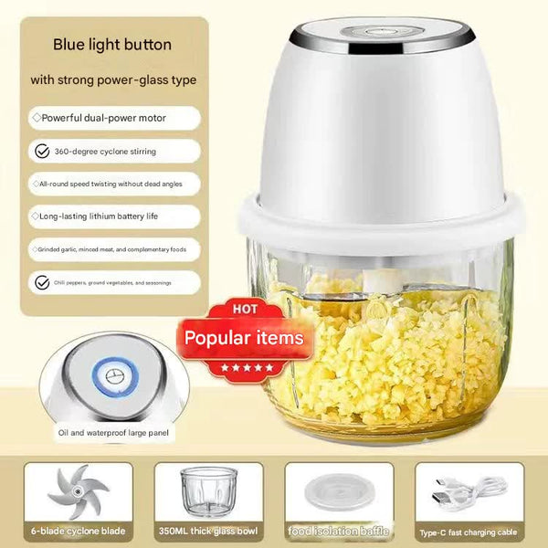 Electric Mini Garlic Chopper With Glass Bowl Usb Rechargeable 6 Blades Large Capacity(White) Choppers