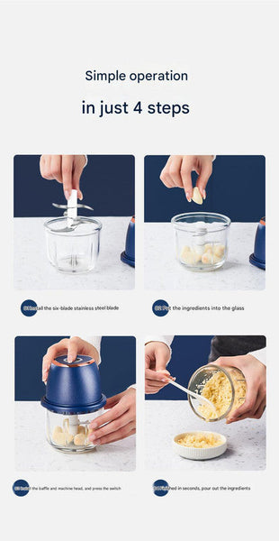 Electric Mini Garlic Chopper With Glass Bowl Usb Rechargeable 6 Blades Large Capacity(White) Choppers
