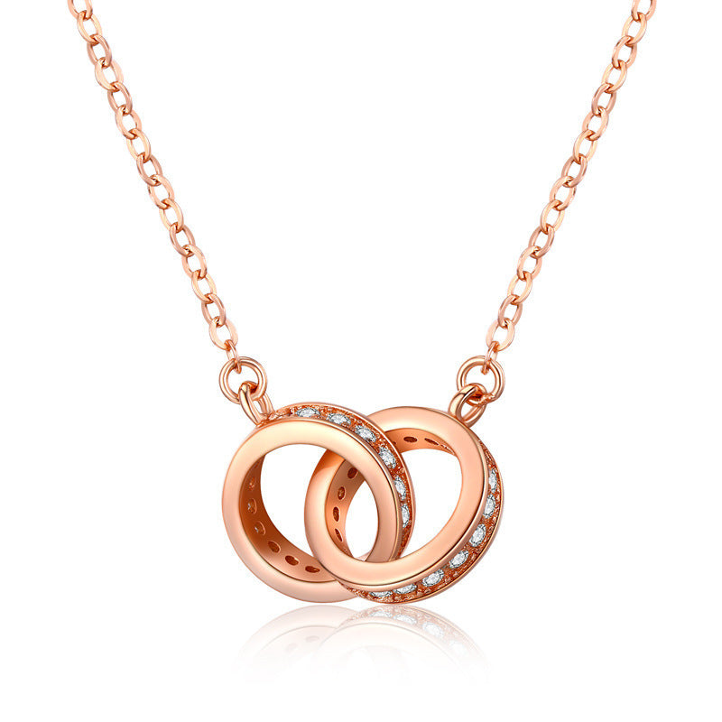 2Pc Elegant Interlocking Rings Pendant Necklace With Zirconia Accents Copper Base Minimalist Jewelry(Rose Gold) Necklaces & Pendants