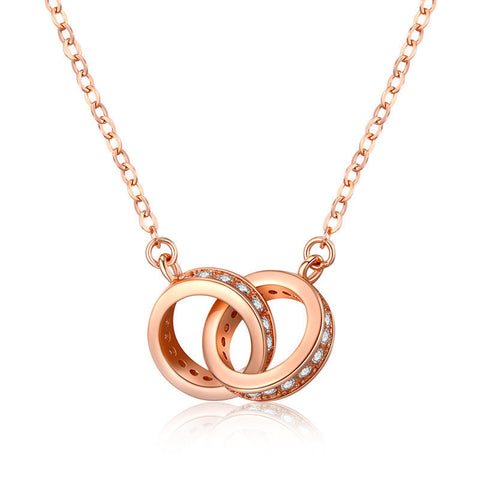 2Pc Elegant Interlocking Rings Pendant Necklace With Zirconia Accents Copper Base Minimalist Jewelry(Rose Gold) Necklaces & Pendants