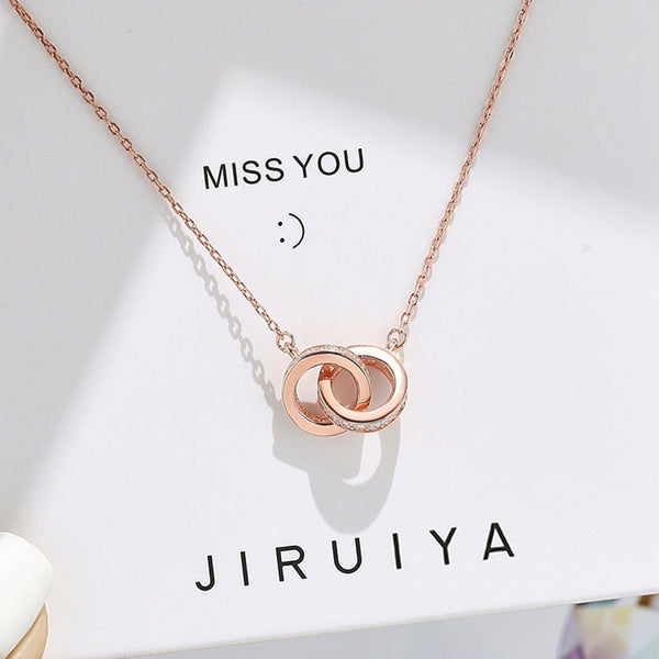 2Pc Elegant Interlocking Rings Pendant Necklace With Zirconia Accents Copper Base Minimalist Jewelry(Rose Gold) Necklaces & Pendants