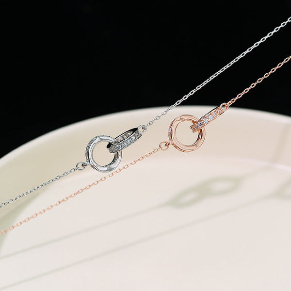 2Pc Elegant Interlocking Rings Pendant Necklace With Zirconia Accents Copper Base Minimalist Jewelry(Rose Gold) Necklaces & Pendants