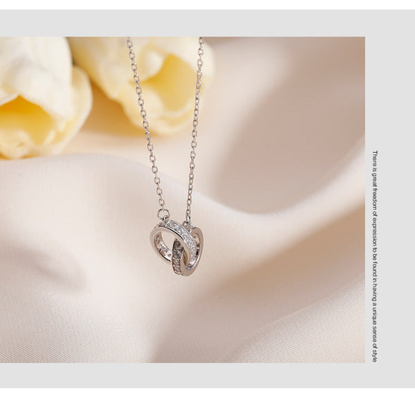 2Pc Elegant Interlocking Rings Pendant Necklace With Zirconia Accents Copper Base Minimalist Jewelry(Rose Gold) Necklaces & Pendants