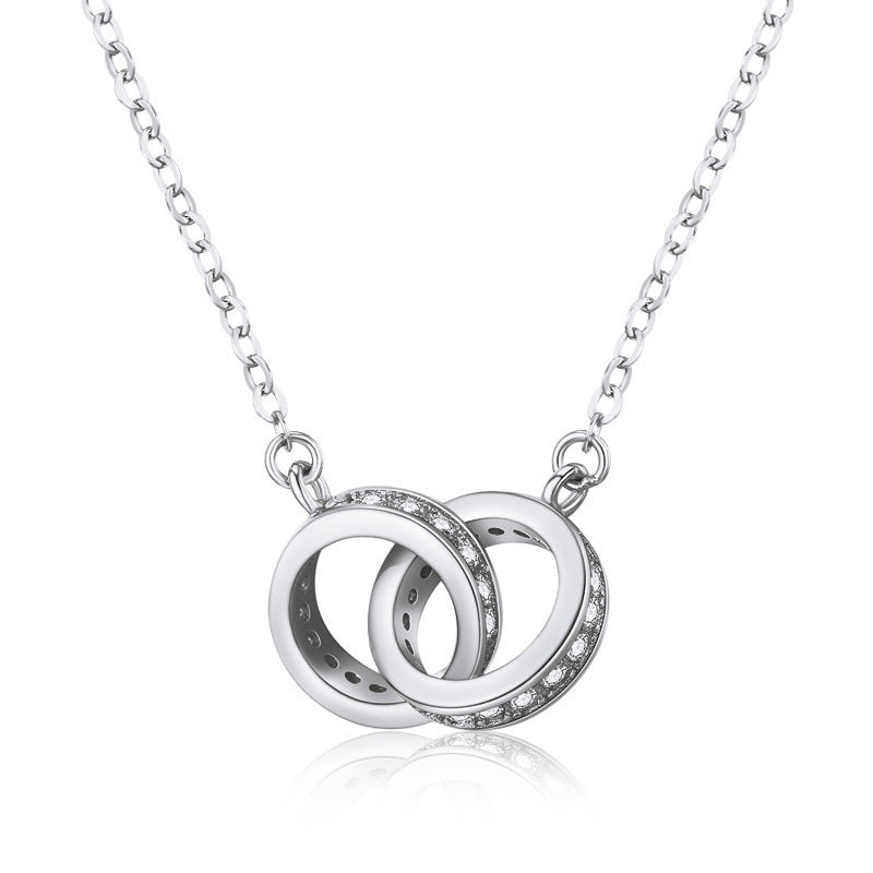 2Pc Elegant Interlocking Rings Pendant Necklace With Zirconia Accents Copper Base Minimalist Jewelry(Platinum) Necklaces & Pendants