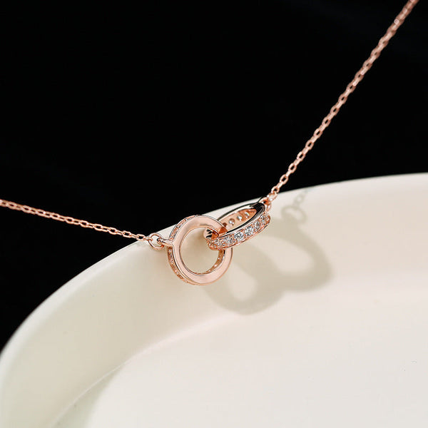 2Pc Elegant Interlocking Rings Pendant Necklace With Zirconia Accents Copper Base Minimalist Jewelry(Platinum) Necklaces & Pendants