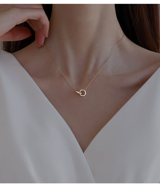 2Pc Elegant Interlocking Rings Pendant Necklace With Zirconia Accents Copper Base Minimalist Jewelry(Platinum) Necklaces & Pendants