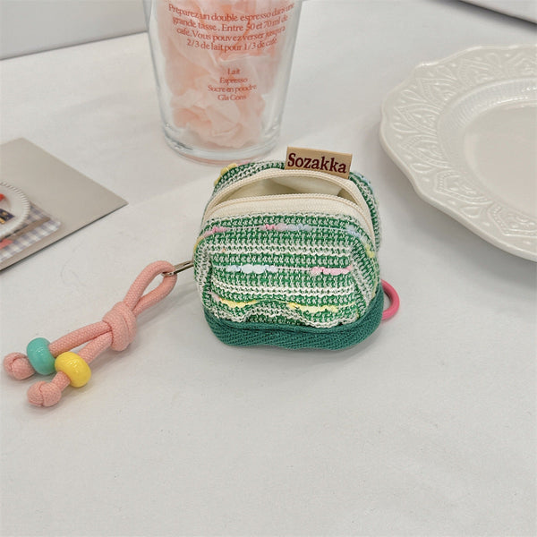 3Pc Chic Woven Mini Backpack Pouch Earphone Case & Coin Purse With Keychain Lanyard(Green) Women's Bags & Handbags