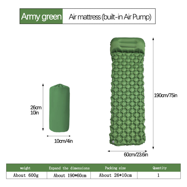2Pc Ultralight Inflatable Camping Sleeping Mat With Integrated Pillow Waterproof 40D Nylon Tpu Army Green Sleeping Mats