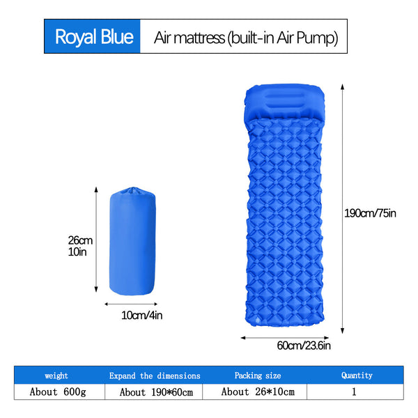2Pc Ultralight Inflatable Camping Sleeping Mat With Integrated Pillow Waterproof 40D Nylon Tpu(Royal Blue) Sleeping Mats