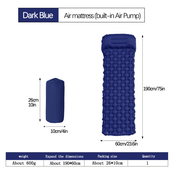 2Pc Ultralight Inflatable Camping Sleeping Mat With Integrated Pillow Waterproof 40D Nylon Tpu Dark Blue Sleeping Mats