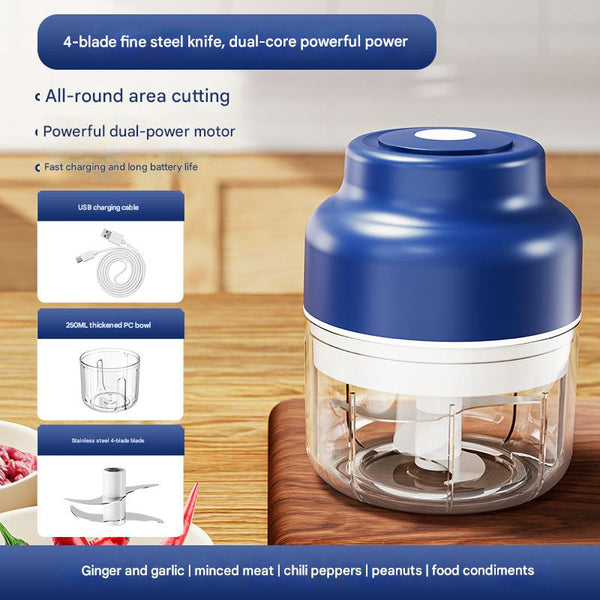 Powerful Mini Electric Food Chopper Usb Rechargeable Cordless Garlic & Meat Mincer(Blue 250Ml + 4 Blade Knife) Choppers