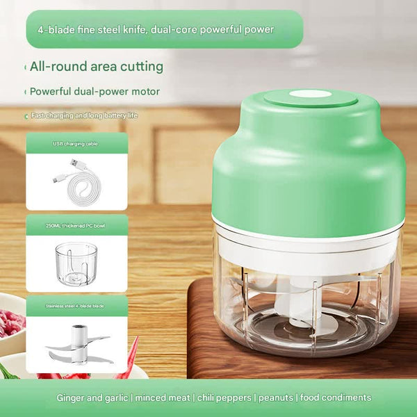 Powerful Mini Electric Food Chopper Usb Rechargeable Cordless Garlic & Meat Mincer(Green 250Ml + 4 Blade Knife) Choppers