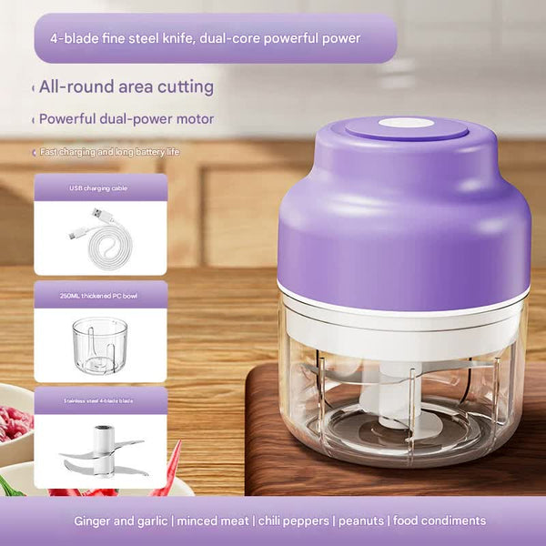 Powerful Mini Electric Food Chopper Usb Rechargeable Cordless Garlic & Meat Mincer(Purple 250Ml + 4 Blade Knife) Choppers