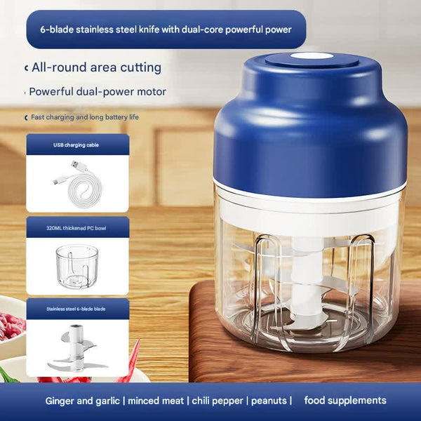 Powerful Mini Electric Food Chopper Usb Rechargeable Cordless Garlic & Meat Mincer(Blue 320Ml + 6 Blade Knife) Choppers