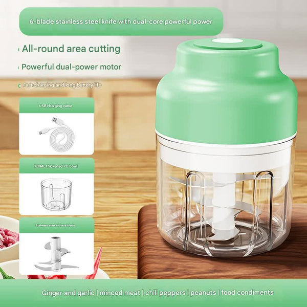 Powerful Mini Electric Food Chopper Usb Rechargeable Cordless Garlic & Meat Mincer(Green 320Ml + 6 Blade Knife) Choppers