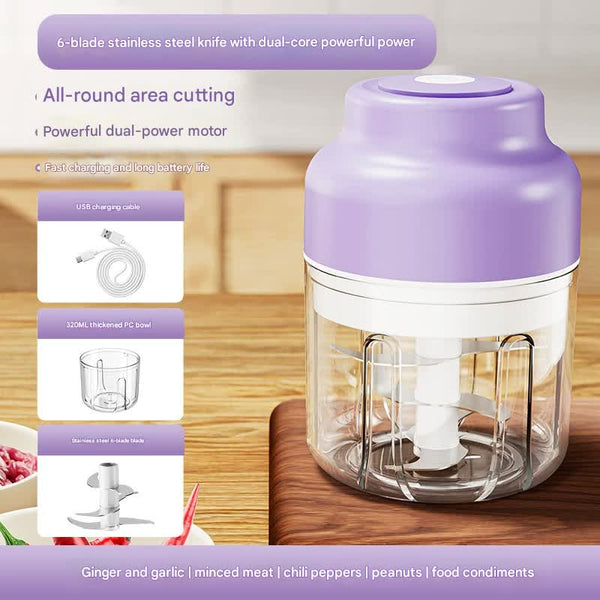 Powerful Mini Electric Food Chopper Usb Rechargeable Cordless Garlic & Meat Mincer(Purple 320Ml + 6 Blade Knife) Choppers