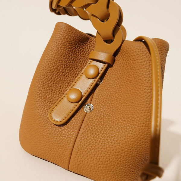 Genuine Leather Mini Bucket Bag With Braided Handle Chic Drawstring Crossbody Purse(White) Women's Bags & Handbags