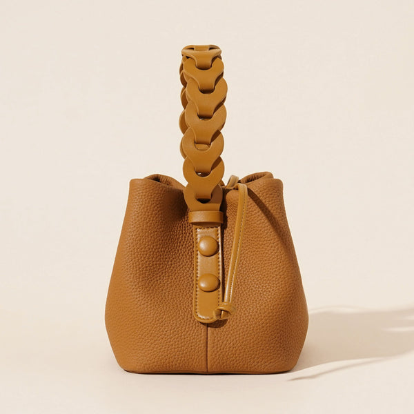 Genuine Leather Mini Bucket Bag With Braided Handle Chic Drawstring Crossbody Purse(Biscuit) Women's Bags & Handbags
