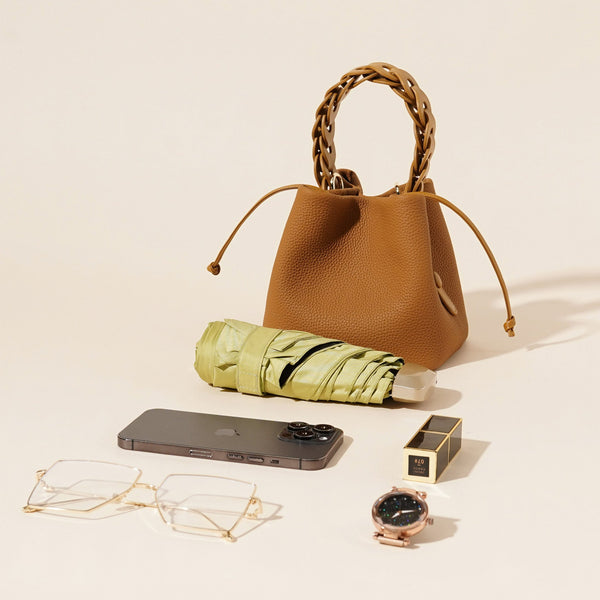 Genuine Leather Mini Bucket Bag With Braided Handle Chic Drawstring Crossbody Purse(Biscuit) Women's Bags & Handbags