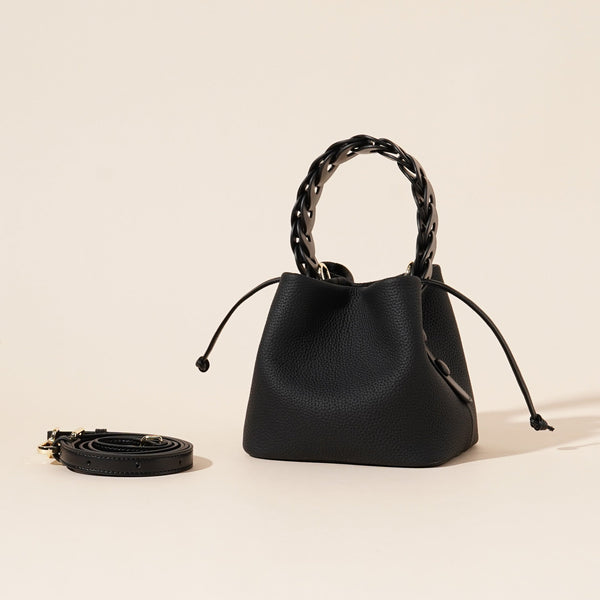 Genuine Leather Mini Bucket Bag With Braided Handle Chic Drawstring Crossbody Purse(Black) Women's Bags & Handbags