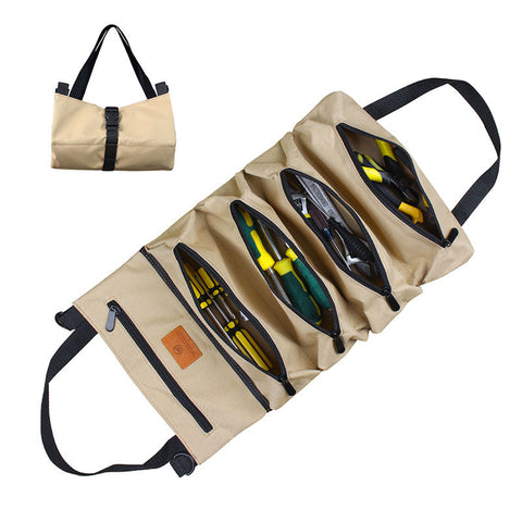 Heavy Duty Canvas Tool Roll Up Bag & Organizer Tote Multi Pocket Wrench Pouch(Khaki) Other Tool Storage