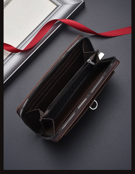 Coffee Classic Long Zipper Wallet Clutch Large Capacity Pu Leather Phone & Card Holder With Wrist Strap Wallets