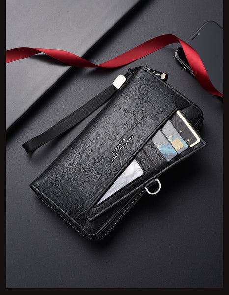 Coffee Classic Long Zipper Wallet Clutch Large Capacity Pu Leather Phone & Card Holder With Wrist Strap Wallets
