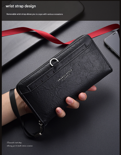Coffee Classic Long Zipper Wallet Clutch Large Capacity Pu Leather Phone & Card Holder With Wrist Strap Wallets