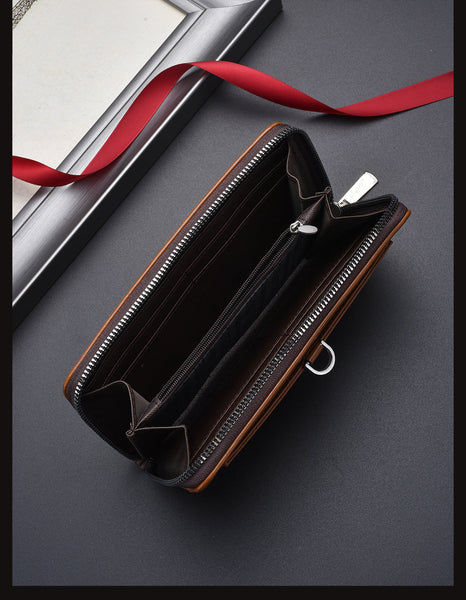 Brown Classic Long Zipper Wallet Clutch Large Capacity Pu Leather Phone & Card Holder With Wrist Strap Wallets