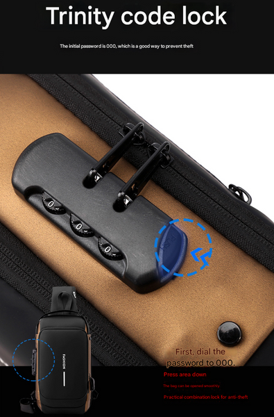 Blue And Brown Men's Anti Theft Crossbody Sling Bag With Usb Charging Port & Combination Lock Bags