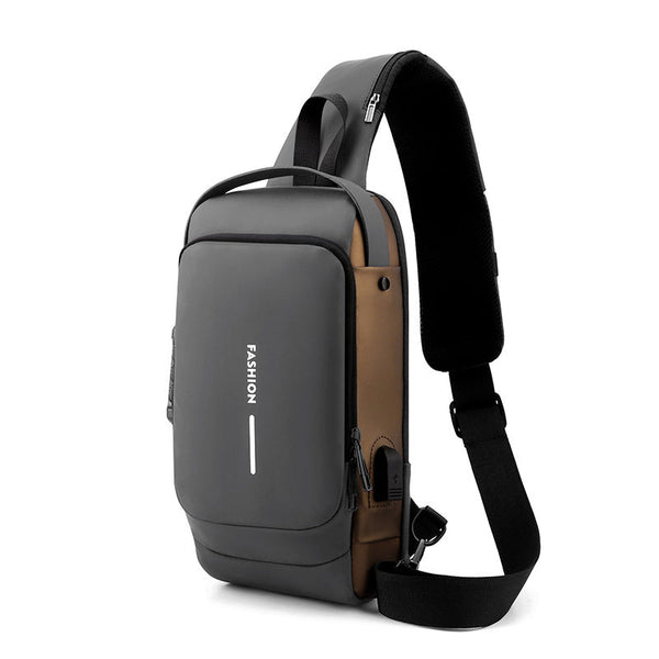 Grey And Brown Men's Anti Theft Crossbody Sling Bag With Usb Charging Port & Combination Lock Bags