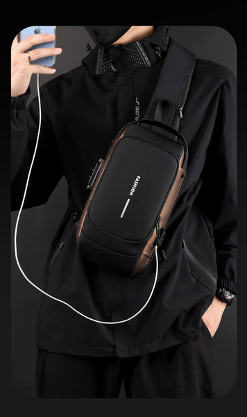 Grey And Brown Men's Anti Theft Crossbody Sling Bag With Usb Charging Port & Combination Lock Bags