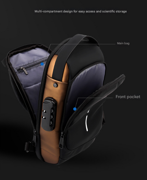 Grey And Brown Men's Anti Theft Crossbody Sling Bag With Usb Charging Port & Combination Lock Bags