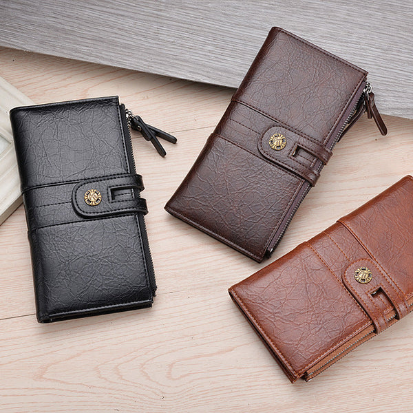 Coffee Men's Pu Leather Long Wallet High Capacity Dual Zipper Clutch With Phone & Card Slots Wallets