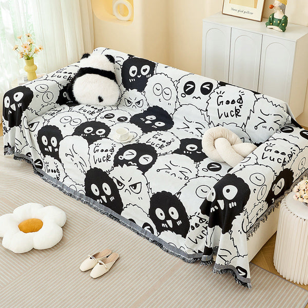 Black And White Ball Pattern Soft Waffle Weave Throw Blanket Boho Style Cotton Blend Sofa Cover With Fringe 180X340cm Blankets & Throws