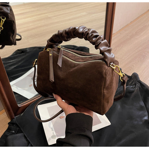 Coffee Chic Ruched Handle Crossbody Bag Womens Faux Suede Top Handbag With Detachable Strap Women's Bags & Handbags