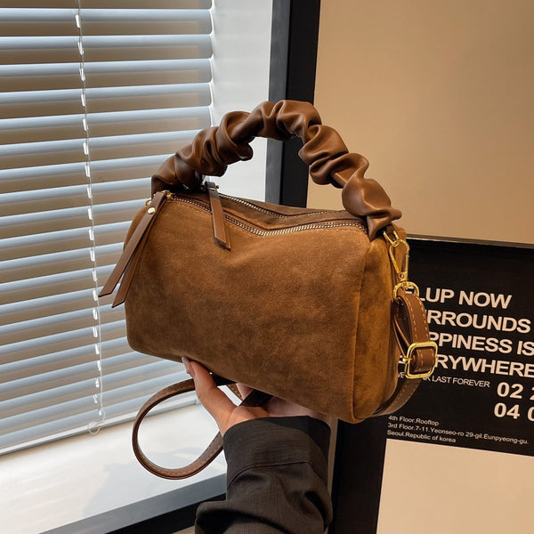 Brown Chic Ruched Handle Crossbody Bag Womens Faux Suede Top Handle Handbag With Detachable Strap Women's Bags & Handbags