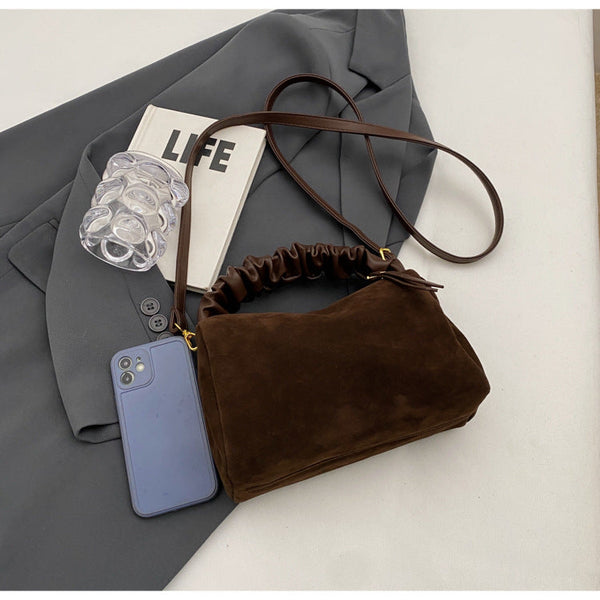 Brown Chic Ruched Handle Crossbody Bag Womens Faux Suede Top Handle Handbag With Detachable Strap Women's Bags & Handbags