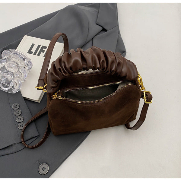Brown Chic Ruched Handle Crossbody Bag Womens Faux Suede Top Handle Handbag With Detachable Strap Women's Bags & Handbags